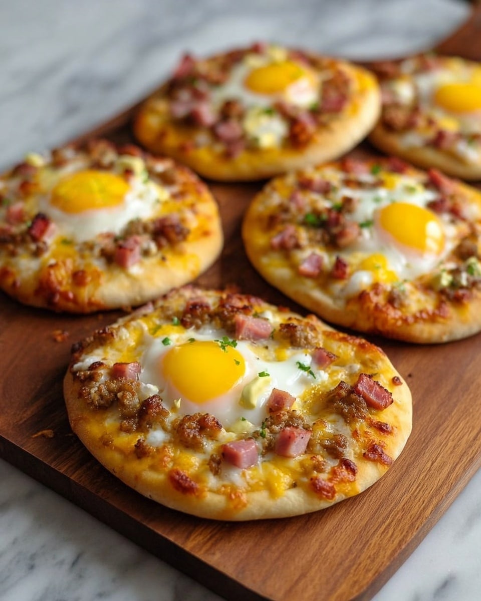 The image shows five small, round pizzas on a wooden board with a white marbled surface background. Each pizza has one bright yellow cooked egg with a slightly runny yolk on top, positioned off-center. The base of the pizza is golden brown and slightly thick. The bottom layer has melted yellow cheese spread evenly. On top of the cheese, there are small pieces of cooked ham in pink and bits of browned ground meat scattered around. There are also small dollops of light green sauce or butter near the egg. The pizzas look soft and slightly glossy, with the edges puffed and golden. Photo taken with an iphone --ar 4:5 --v 7