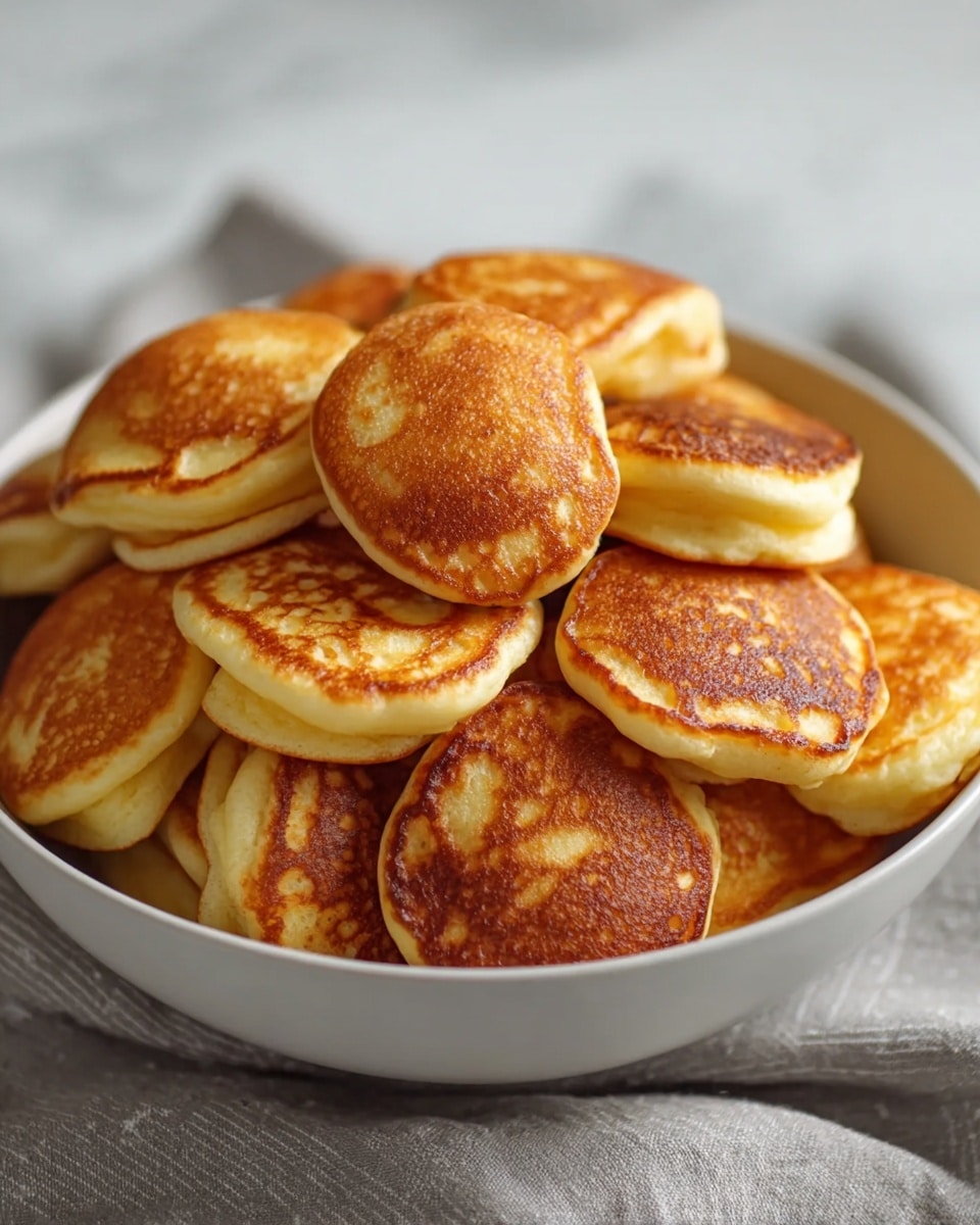 A white bowl filled with many small, round, golden-brown pancakes stacked unevenly, each pancake showing a crispy, browned top layer with a soft, fluffy yellow underside visible on the sides. The pancakes are piled high, some resting flat while others lean against each other, creating a sense of depth and texture. The bowl is placed on a light gray cloth with subtle patterns, all set against a white marbled texture background. The lighting highlights the warm, inviting colors and the fluffy texture of the pancakes. photo taken with an iphone --ar 4:5 --v 7