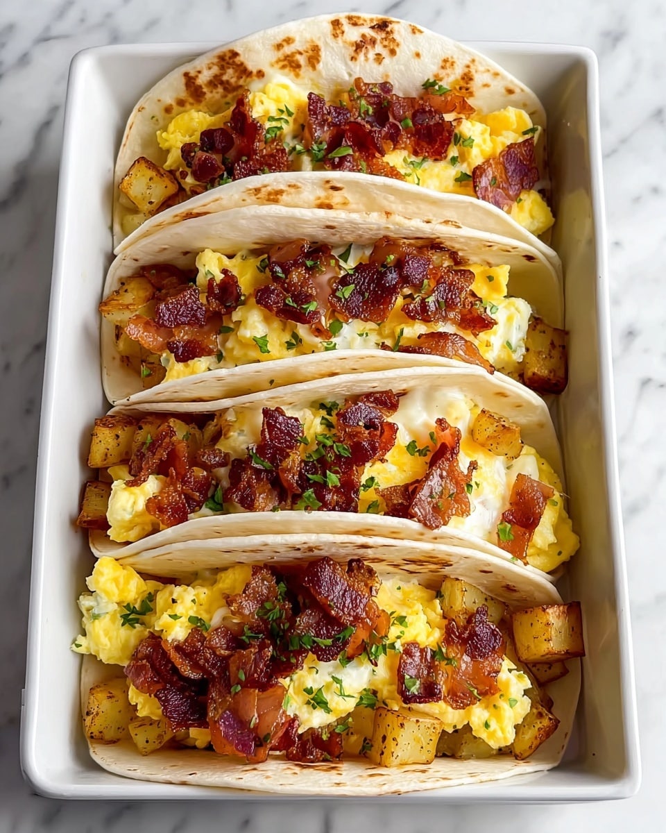 Four soft flour tortillas are placed side by side in a white rectangular dish with a white marbled surface beneath. Each tortilla is filled with three layers: the bottom layer is golden brown roasted diced potatoes, the middle layer consists of scrambled eggs with a soft and fluffy texture showing light yellow and white colors, and the top layer has crispy, dark brown bacon pieces scattered unevenly. The tacos are garnished with small green herb leaves sprinkled over the top, adding a fresh touch. Photo taken with an iphone --ar 4:5 --v 7