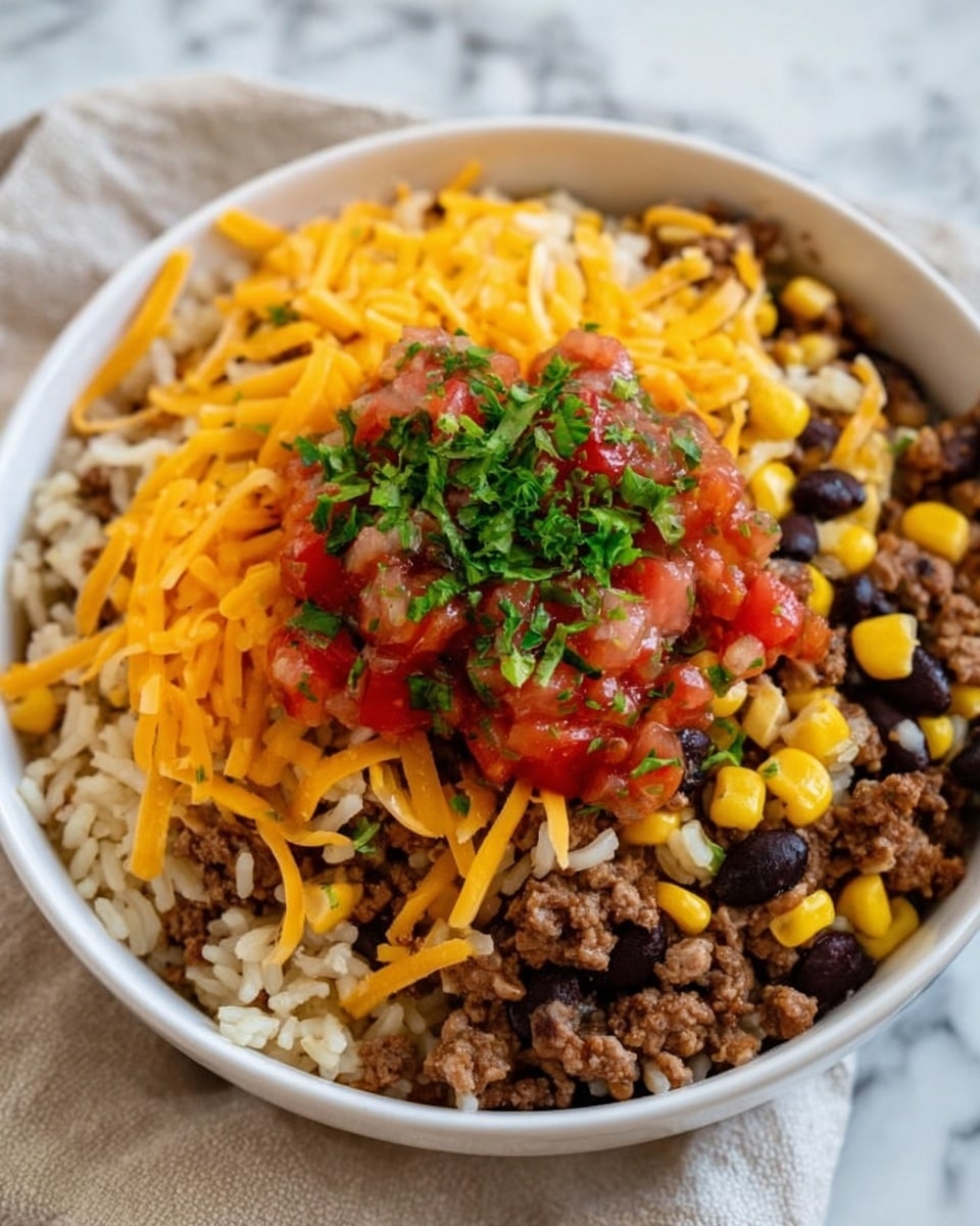 A close-up view of a white bowl filled with a layered dish starting with a base of cooked rice mixed with black beans, followed by evenly spread cooked ground beef and scattered bright yellow corn kernels. On top, there is a generous layer of shredded cheddar cheese in orange, and at the center sits a heap of chunky red salsa with visible pieces of tomato and corn, garnished with a sprinkling of chopped fresh green herbs. The bowl is placed on a white marbled surface, showing a small part of a beige cloth at the edge. Photo taken with an iphone --ar 4:5 --v 7