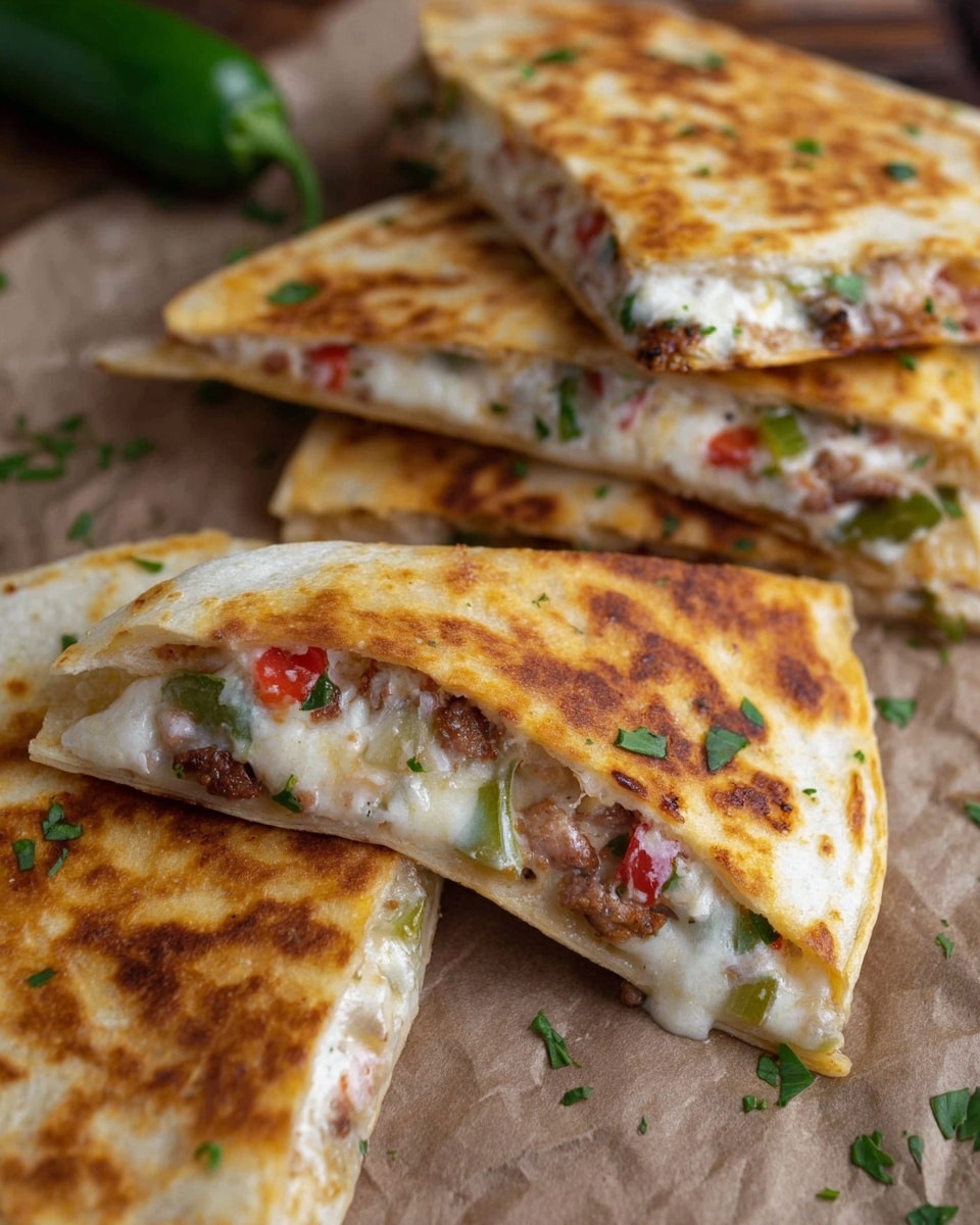 The image shows several triangular quesadilla slices stacked on a brown paper surface, with a close-up view emphasizing the melted, gooey white cheese inside, mixed with diced red and green peppers, and small pieces of brown meat. The quesadilla crust is golden brown with some darker toasted spots, thin, and slightly crispy, forming a thin outer layer around the filling. Fresh green herb pieces lightly garnish one of the slices in the foreground. A whole jalapeno pepper is visible in the top left corner on the paper surface. The setting has a casual, homemade feel. Photo taken with an iphone --ar 4:5 --v 7