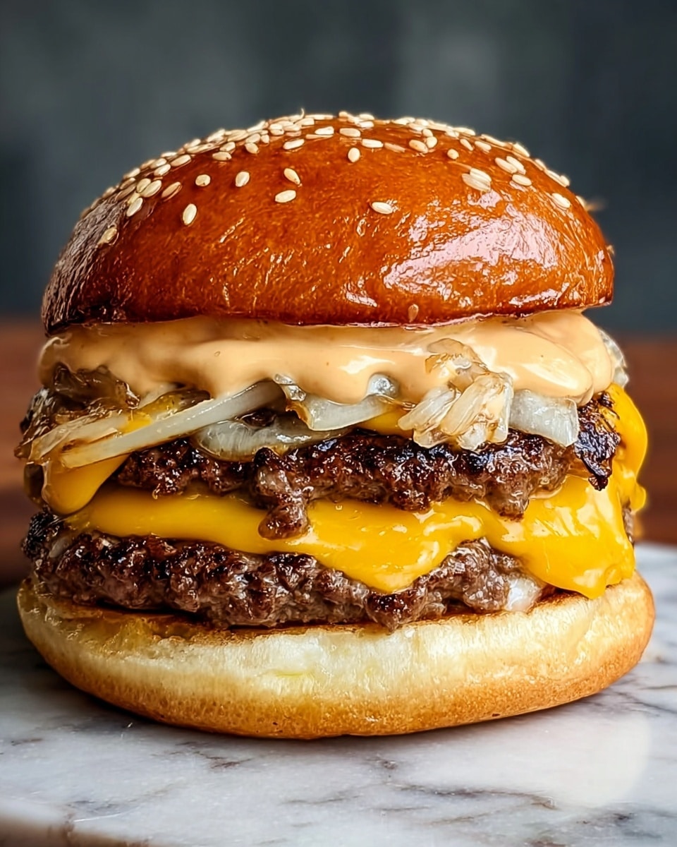 A close-up view of a cheeseburger with four layers visible. The bottom layer is a soft, lightly toasted white bun with a golden-brown surface. Next is a thick, juicy beef patty with a grilled, slightly charred texture. On top of the patty is a slice of melted bright yellow cheddar cheese, followed by a layer of cooked, softened onions. Over the onions is a thick, creamy, light brown sauce with a smooth texture that slightly drips down the sides. The whole stack is topped with a glossy, golden-brown sesame seed bun that has a slightly shiny, moist look. The burger is placed on a white marbled texture, and photo taken with an iphone --ar 4:5 --v 7