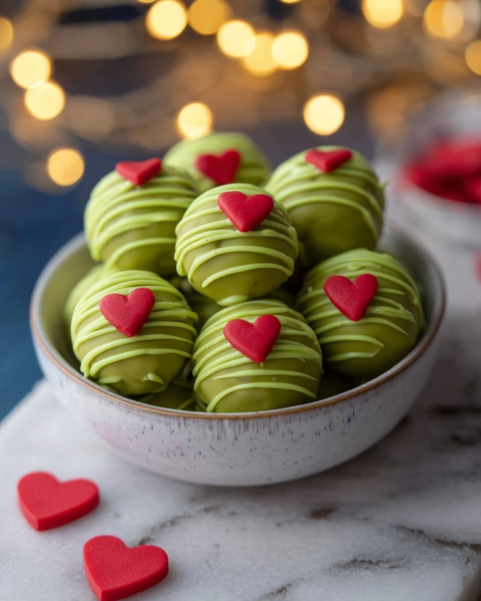 A bowl full of round green truffles sitting in a white plate, each truffle has two layers: the smooth green base and a drizzle of bright green icing wrapped around it, with a small red heart shape placed on top of each truffle. Some of the red hearts are scattered outside the bowl on the white marbled surface. The scene is softly lit with blurred warm glowing lights in the background. photo taken with an iphone --ar 4:5 --v 7