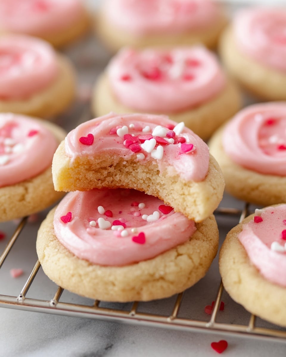 A close-up of several small round cookies arranged on a metal cooling rack over a white marbled texture, each cookie having two layers: a thick, light golden-brown base layer with a slightly crumbly texture and a smooth, creamy light pink frosting layer on top. The pink frosting is decorated with tiny red, white, and pink heart-shaped sprinkles. One cookie is positioned on top of another in the center, with a bite taken out of it showing the soft inside of the base layer beneath the frosting. The background is softly blurred, focusing attention on the cookies. photo taken with an iphone --ar 4:5 --v 7