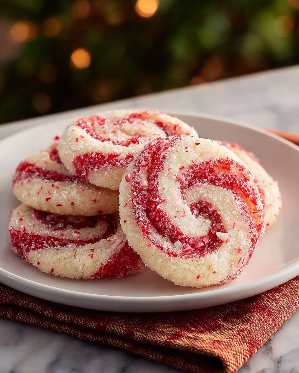 A white plate holds four peppermint swirl cookies stacked slightly on each other, each cookie showing two thick layers twisted: a creamy white dough and a bright red peppermint layer, both coated with coarse sugar crystals that sparkle, giving a frosted look. The cookies have a round, pinwheel shape with clear red stripes spiraling from the center outwards. The plate sits on a folded red and beige cloth on a white marbled surface, with blurred green foliage and warm light in the background. photo taken with an iphone --ar 4:5 --v 7