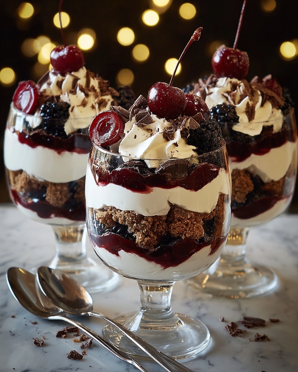 The image shows three white glass dessert cups filled with layered trifle. Each cup has four layers starting from the bottom with a smooth white cream base, followed by a thick layer of crumbly, light brown chocolate cake, then a shiny deep red berry sauce, and topped with swirls of white whipped cream. On top, there are dark red cherries, glossy blackberries, and dark chocolate shavings scattered. In the background, golden fairy lights add a warm glow. Two silver spoons are placed in the front on a white marbled surface. photo taken with an iphone --ar 4:5 --v 7