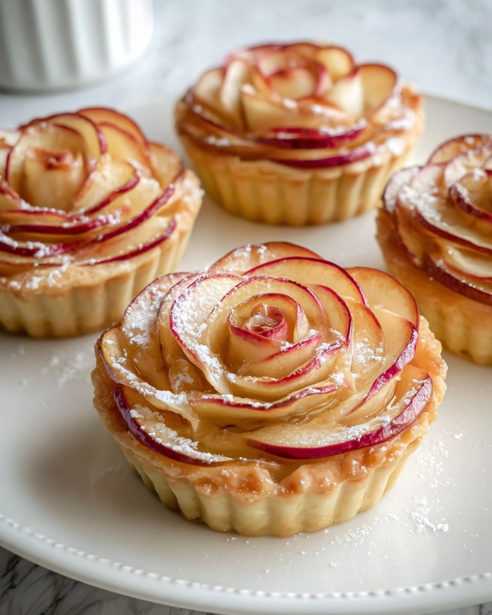 The image shows four apple rose pastries arranged on a white plate with a subtle decorative edge, placed on a white marbled surface. Each pastry has a fluted tart crust base that is light golden brown, topped with thin, overlapping apple slices curled in a spiral to resemble rose petals. The apple slices have a pale cream color with red edges just caramelized to a light brown, giving a natural rose look. A light dusting of powdered sugar is sprinkled over the pastries, adding a delicate white contrast. The closest pastry in the foreground is in sharp focus, highlighting the smooth, glossy texture of the baked apple petals and the soft, flaky crust. Photo taken with an iphone --ar 4:5 --v 7