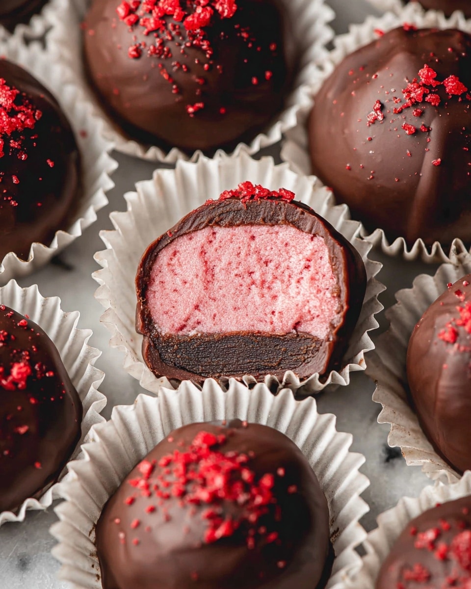 The image shows several round chocolate truffles, each sitting in a white paper cup with ruffled edges, placed on a white marbled surface. Most truffles have a dark brown shiny chocolate outer layer, some topped with bright red powder sprinkles for contrast. One truffle is cut in half to show three layers: a dark brown smooth chocolate shell on the outside, and inside a thick, soft, pink cream layer with a slightly textured finish and red specks throughout. The truffles are arranged closely together, highlighting their glossy, smooth textures and the vibrant pink filling inside one of them. photo taken with an iphone --ar 4:5 --v 7