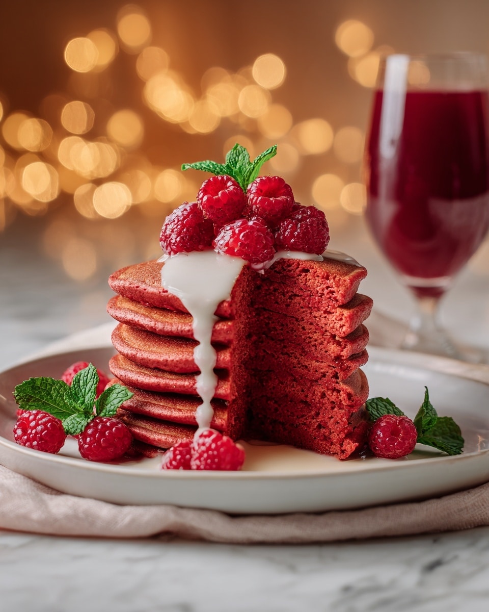 Festive Red Velvet Pancakes with Cream Cheese Glaze Recipe - Recipe Image