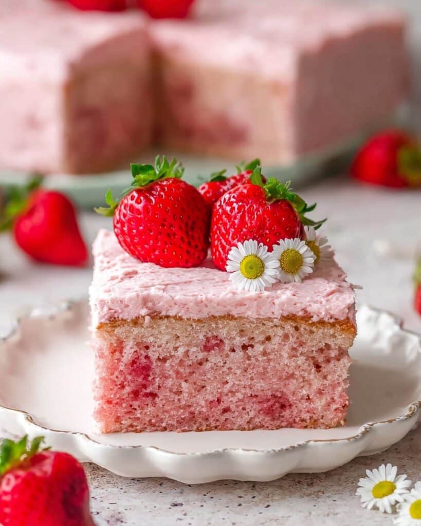 Strawberry Layer Cake with Strawberry Cream Cheese Frosting and Fresh Strawberry Decorations Recipe