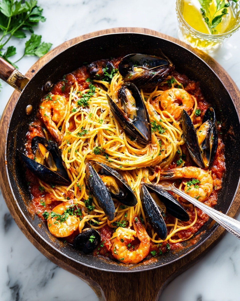 Shrimp and Mussels in Rich Tomato Sauce with Linguine Recipe - Recipe Image