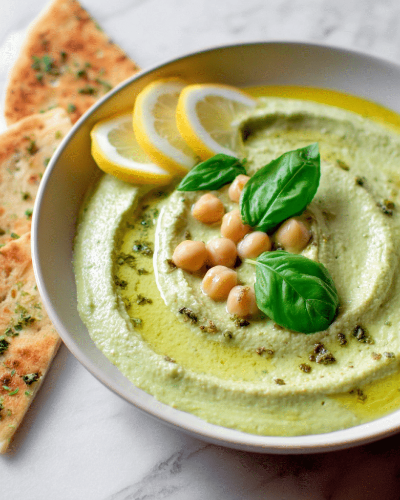 Fresh Basil Hummus with Za’atar Pita Chips Recipe