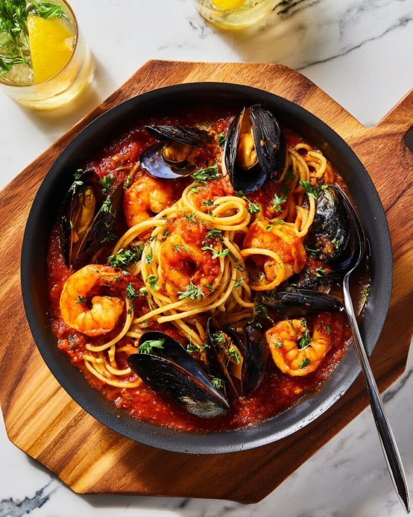 Shrimp and Mussels in Rich Tomato Sauce with Linguine Recipe